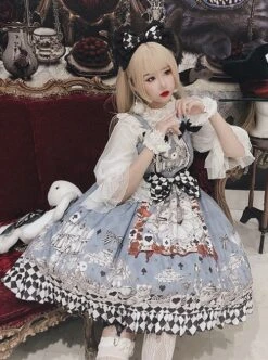 Gothic Style Alice Poker Black-White Plaid Printing Gray Blue Gothic Lolita Sleeveless Dress -NAUS Lolita Shop 6 500x672 540