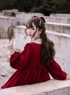 Starry Night Series Round Neck Bowknot Cute Girly Cross Embroidery Ruffle Hem Gothic Lolita Long Sleeve Dress -NAUS Lolita Shop 6 500x672 554