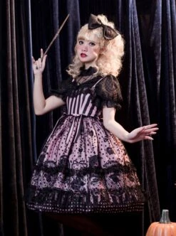 Striped Witch Cat Print Detachable Black Star Lace Net Yarn Halloween Gothic Lolita Sleeveless Dress -NAUS Lolita Shop 6 500x672 565