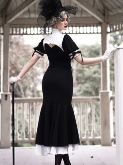 Undead Prayer Series Nun Style Black-White Cross Embroidered Fishtail Skirt Lace Cover Skirt Gothic Lolita Short-Sleeved Dress -NAUS Lolita Shop 6 500x672 574