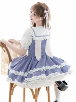 Summer Sea Salt Series College Navy Collar Ruffle Puff Sleeve Blue White Bunny Ears Ribbon Bowknot School Lolita Dress -NAUS Lolita Shop 6 500x672 599