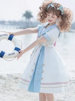 Navy Style Stripe Navy Collar Bow-Knot Detachable School Lolita Short Sleeve Dress -NAUS Lolita Shop 6 500x672 605