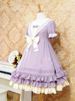 Navy Blue Bowknot Sweet Lolita Short Sleeve Dress -NAUS Lolita Shop 6 500x672 701
