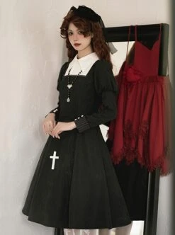 Redemption Cross Series Gothic Lolita Bat Necklace Nun Style Black Holiness Puff Long Sleeve Dress -NAUS Lolita Shop 6 500x672 75