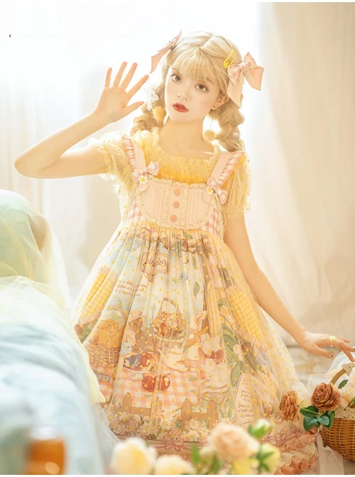 Afternoon Sweet Tea Series JSK Wave Dot Tulle Hem Cute Printing Sweet Lolita Yellow Sling Dress Short Sleeve Shirt Set 8 Afternoon Sweet Tea Series JSK Wave Dot Tulle Hem Cute Printing Sweet Lolita Yellow Sling Dress Short Sleeve Shirt Set - Image 8