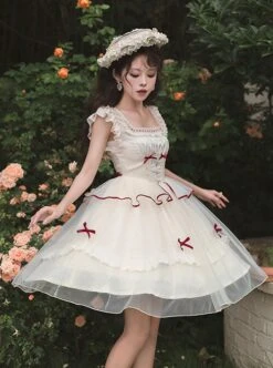 Symphonic Poetry Series Small Flying Sleeves Square Neck Waist Neck Ribbon Bowknot Decorated Mesh Ruffles Sweet Lolita Dress -NAUS Lolita Shop 6 500x672 795