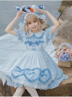 Alice Bunny Series OP Blue Plaid Doll Sleeve Bowknot Sweet Lolita Short Sleeve Dress -NAUS Lolita Shop 6 500x672 797