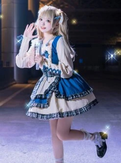 Sweet-Cool Girl Square Collar Bowknot Lace Decoration Denim Plaid Contrast Color Splicing Irregular Sweet Lolita Long-Sleeved Dress -NAUS Lolita Shop 6 500x672 805