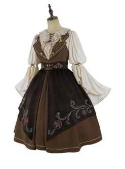 Brown Elegant Lace-Up Ruffle Neck Rose Brooch Rose Embroidered Girdle Lantern Sleeve Punk Lolita Dress -NAUS Lolita Shop 6 500x672 847