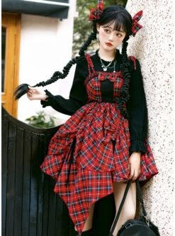 Punk Lolita Bowknot Plaid Black Single Row Pleats Double Lace Drawstring Irregular Hem Design Sling Dress -NAUS Lolita Shop 6 500x672 859