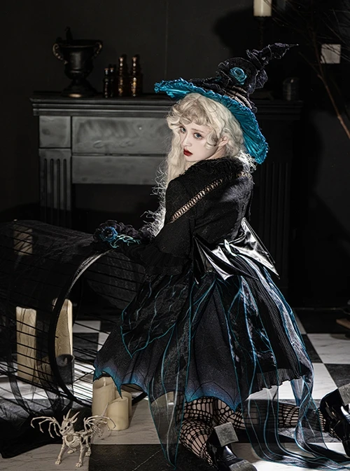 Rose Witch Series Black Halloween Irregular Cute Punk Teal Magic Spider Dark Bat Wing Bowknot Elements Print Lolita Dress Hat Set 2 Rose Witch Series Black Halloween Irregular Cute Punk Teal Magic Spider Dark Bat Wing Bowknot Elements Print Lolita Dress Hat Set - Image 2