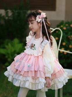 Autumn Winter Pink Floral Embroidery Heart Pattern Pink Plaid Bowknot Ruffle Sweet Lolita Kids Long Sleeves Dress -NAUS Lolita Shop 6 500x672 872