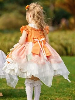 Summer Juice Pastoral Style Apron Bunny Persimmon Embroidery Sweet Lolita Ruffles Little Flying Sleeves Kid Dress