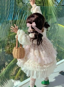 Sweet Lovely Floral Spring Autumn Stitching Lantern Sleeve Striped Bowknot Lace Decoration Sweet Lolita Kids Long-Sleeved Dress -NAUS Lolita Shop 6 500x672 877