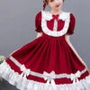 White Lace Doll Collar Wine Red Pure Color Children Lolita Short Sleeve Dress
