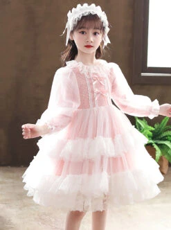Bowknot White Tulle Lace Children Sweet Lolita Kids Plaid Long Sleeve Dress -NAUS Lolita Shop 6 500x672 882