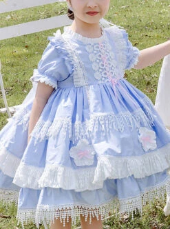 White Lace Tassel Hem Kids Sweet Lolita Blue Short Sleeve Dress -NAUS Lolita Shop 6 500x672 892