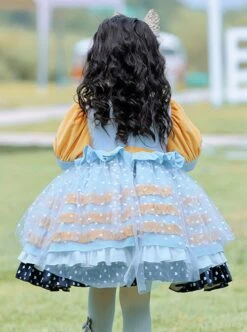 Yellow-Blue Stitching Heart Polka Dots Lace Puff Sleeves Velvet Ruffles Classic Lolita Bow Kids Long-Sleeved Dress -NAUS Lolita Shop 6 500x672 895