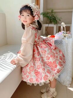 Stand Collar Spring Autumn Flower Print Court Style Puff Sleeves Big Bow-Knot Sweet Lolita Kids Long-Sleeved Dress -NAUS Lolita Shop 6 500x672 897