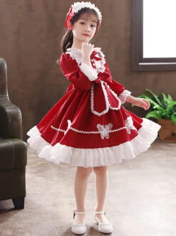 White Lace Pure Color Big Bowknot Children Sweet Lolita Kids Long Sleeve Dress -NAUS Lolita Shop 6 500x672 899
