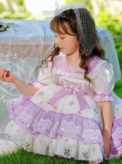 Purple Lapel Broken Flowers Lace Puff Sleeve Princess Dress Sweet Lolita Kids Short-Sleeved Dress -NAUS Lolita Shop 6 500x672 901