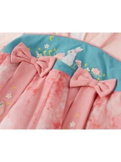 Cute Pink Mesh Flower Print Decoration Delicate Bunny Embroidery Bow Knots Hanfu Style Long Sleeve Kid Dress -NAUS Lolita Shop 6 500x672 902
