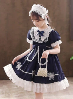 Pure Color Big Bowknot White Lace Children Sweet Lolita Kids Short Sleeve Dress -NAUS Lolita Shop 6 500x672 910