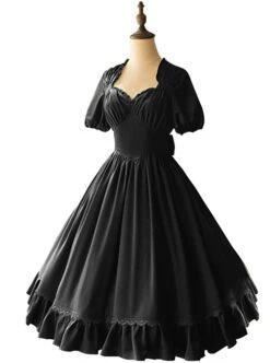 Elegant Satin Lace Lace Collar Tunic Slim Fit Multicolor Puff Short Sleeve Bow Belt Classic Lolita Dress -NAUS Lolita Shop 6 500x672 92