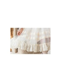Fashion Ruffle Kids Classic Lolita Crew Neck Apricot Pearlescent Embroidered Bubble Flare Long Sleeve Dress -NAUS Lolita Shop 6 500x672 920
