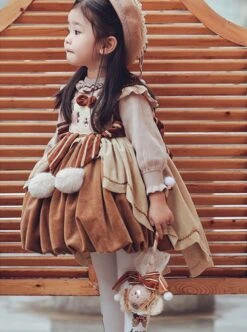 Little Bear Coco Series Autumn Winter Warm Caramel Color Little Bear Embroidered Pom Ball Decoration Sweet Lolita Kids Sleeveless Dress -NAUS Lolita Shop 6 500x672 925