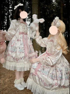 Gold Print Cute Sweet Penguin Pattern Decoration Lace Embroidery Pink Bow Knot Children Lolita Kids Long Sleeve Dress -NAUS Lolita Shop 6 500x672 926