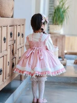 Plush Tulip Pattern Decoration Polka-Dot Hem Pleated Bow Knot Classic Lolita Pink Cute Suspender Dress -NAUS Lolita Shop 6 500x672 927