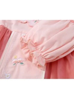 Chinese Hanfu Style Delicate Floral Embroidery Irregular Pleated Button Neckline Pink Long Sleeve Kid Dress -NAUS Lolita Shop 6 500x672 931