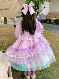 Palace Style Lace Magic Color Asymmetrical Hem Design Sweet Lolita Kids Long-Sleeved Dress