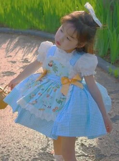 Lace Round Neck Broken Flowers Apron Cute Puff Sleeve Blue Plaid Little Maid Sweet Lolita Kids Short-Sleeved Dress -NAUS Lolita Shop 6 500x672 937