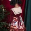 Christmas Little Bear Series Cute Christmas Little Bear Print Ribbon Lantern Sleeves Lace Bow Ruffle Hem Classic Lolita Kids Long Sleeve Dress
