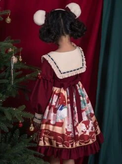 Christmas Little Bear Series Cute Christmas Little Bear Print Ribbon Lantern Sleeves Lace Bow Ruffle Hem Classic Lolita Kids Long Sleeve Dress