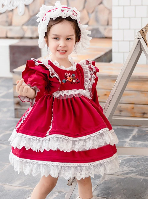 White Lace Red Velour Embroidery Kids Classic Lolita Long Sleeve Dress 6 White Lace Red Velour Embroidery Kids Classic Lolita Long Sleeve Dress - Image 6