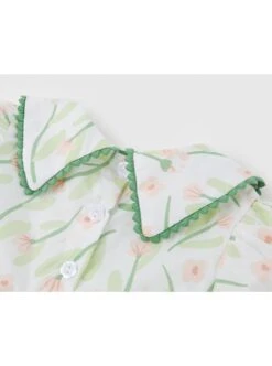 Classic Lolita Floral Flower Print Folds Decoration Square Lapel Bow Design Green Kid Short Sleeve Dress -NAUS Lolita Shop 6 500x672 949