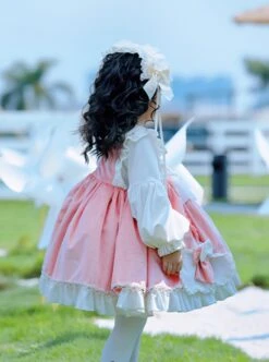 Pink-White Velvet Round Neck Bow Lace Stitching Lantern Sleeves Lotus Leaf Cute Sweet Lolita Kids Autumn Winter Long-Sleeved Dress -NAUS Lolita Shop 6 500x672 953