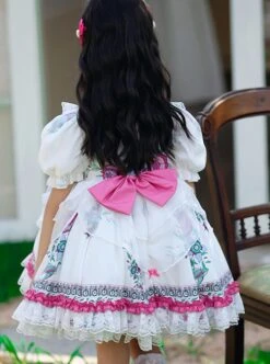 Retro Court Flowers Leaf Square Collar Elegant White Lace Ruffles Classic Lolita Kid Puff Sleeves Girl Dress -NAUS Lolita Shop 6 500x672 954