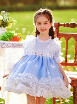 White Lace Pattern Embroidery Layered Hem Blue Simple Classic Lolita Three-Dimensional Pink Flower Decoration Short Sleeve Kid Princess Dress -NAUS Lolita Shop 6 500x672 956