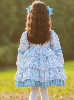 Pastoral Style Blue Floral Mosaic Lantern Sleeve Love Bow-Knot Decoration Spring Autumn Classic Lolita Kids Long-Sleeved Dress -NAUS Lolita Shop 6 500x672 958