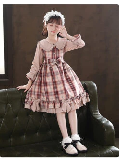 Doll Collar Bowknot Children School Lolita Kids Plaid Long Sleeve Dress -NAUS Lolita Shop 6 500x672 961