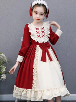 Red And Apricot Splicing Ruffled Children Classic Lolita Long Sleeve Dress -NAUS Lolita Shop 6 500x672 969