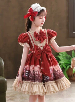 Cute Little Bear Printing Bowknot Children Sweet Lolita Wine Red Kids Short Sleeve Dress -NAUS Lolita Shop 6 500x672 976