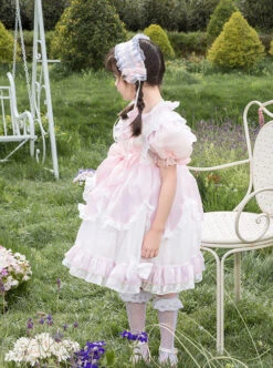 Cute Lotus Leaf Collar Pink Bow Decoration Double Pleated Hem Children Lolita Kids Puff Sleeve Dress -NAUS Lolita Shop 6 500x672 977