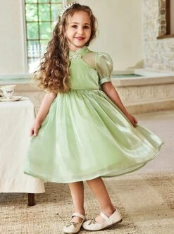 Solid Color Grass Green Streamer Yarn Cute Pleated Sweet Puff Sleeves Pearl Neckline Decoration Sweet Lolita Kids Dress -NAUS Lolita Shop 6 500x672 980