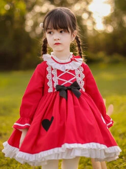 Classic Lolita Red Pleated Doll Neckline Lace Trim Black And White Peach Heart Shape Decoration Long Sleeve Kid Princess Dress -NAUS Lolita Shop 6 500x672 985
