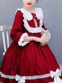 Doll Collar White Lace Wine Red Classic Lolita Long Sleeve Dress -NAUS Lolita Shop 6 500x672 986
